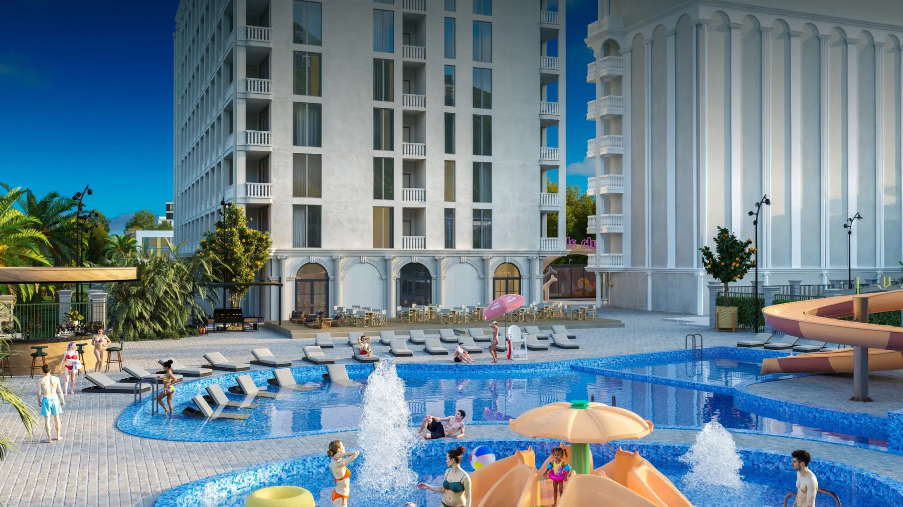Аквазона Aqua с фонтанами и горками, зонты и лежаки вдоль бассейнов