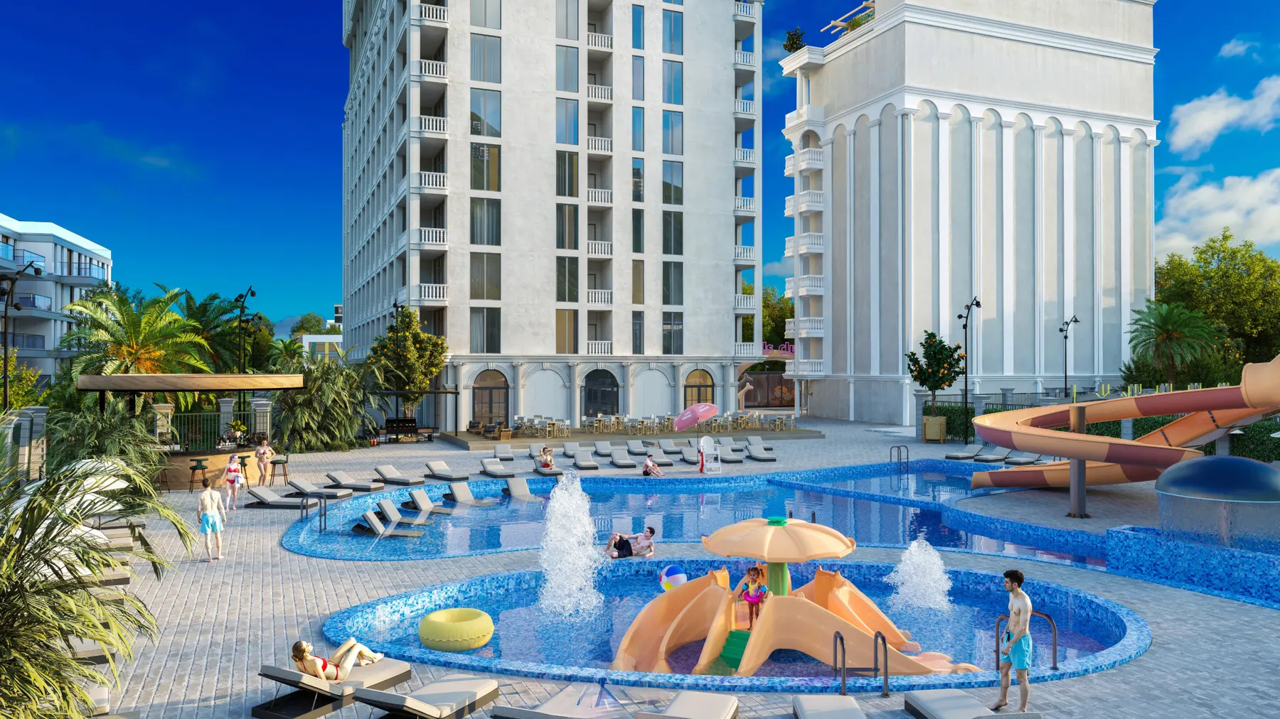Аквазона корпуса Aqua общим планом: бассейны, горки и зона отдыха