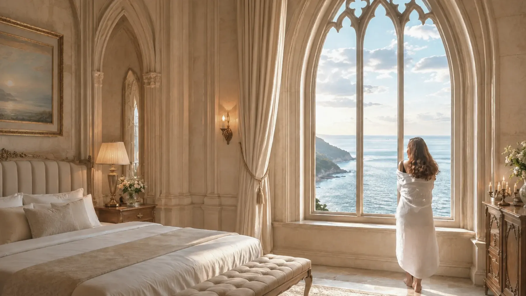 Интерьер номера Sky Castle: спальня с видом на море через высокое окно