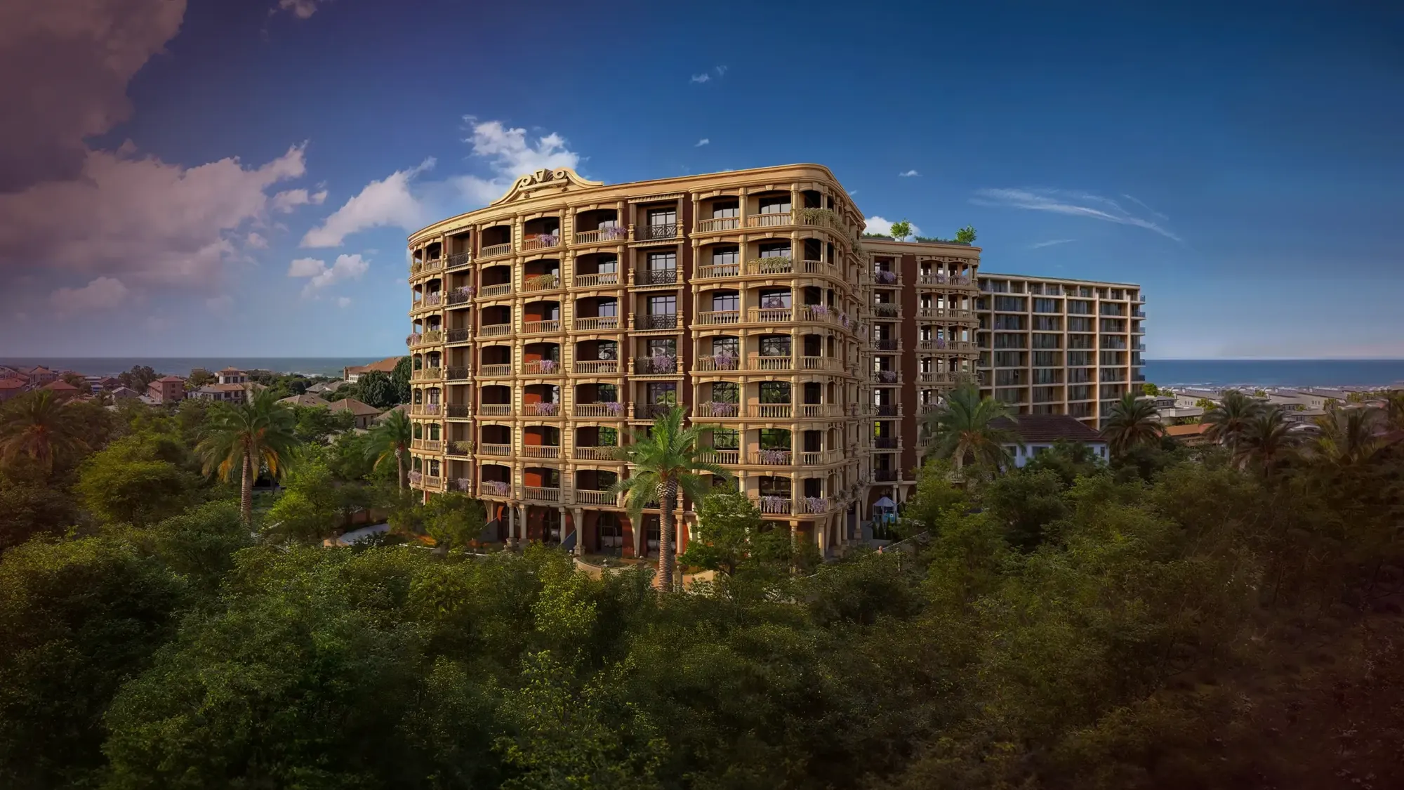 Grand Life: фасад из кирпича и песчаника, балконы с цветами, пальмы