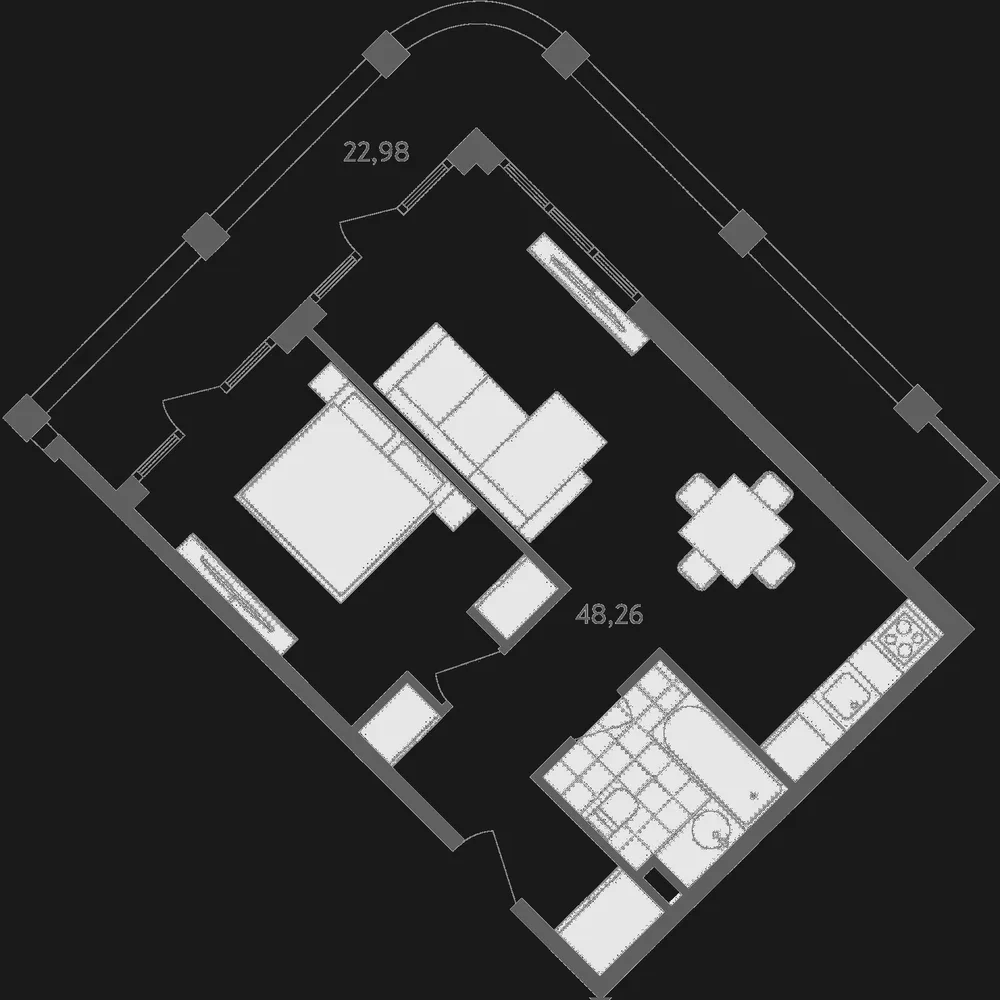 Планировка Grand Life: спальня и гостиная, 48,26 м² внутри и терраса 22,98 м²