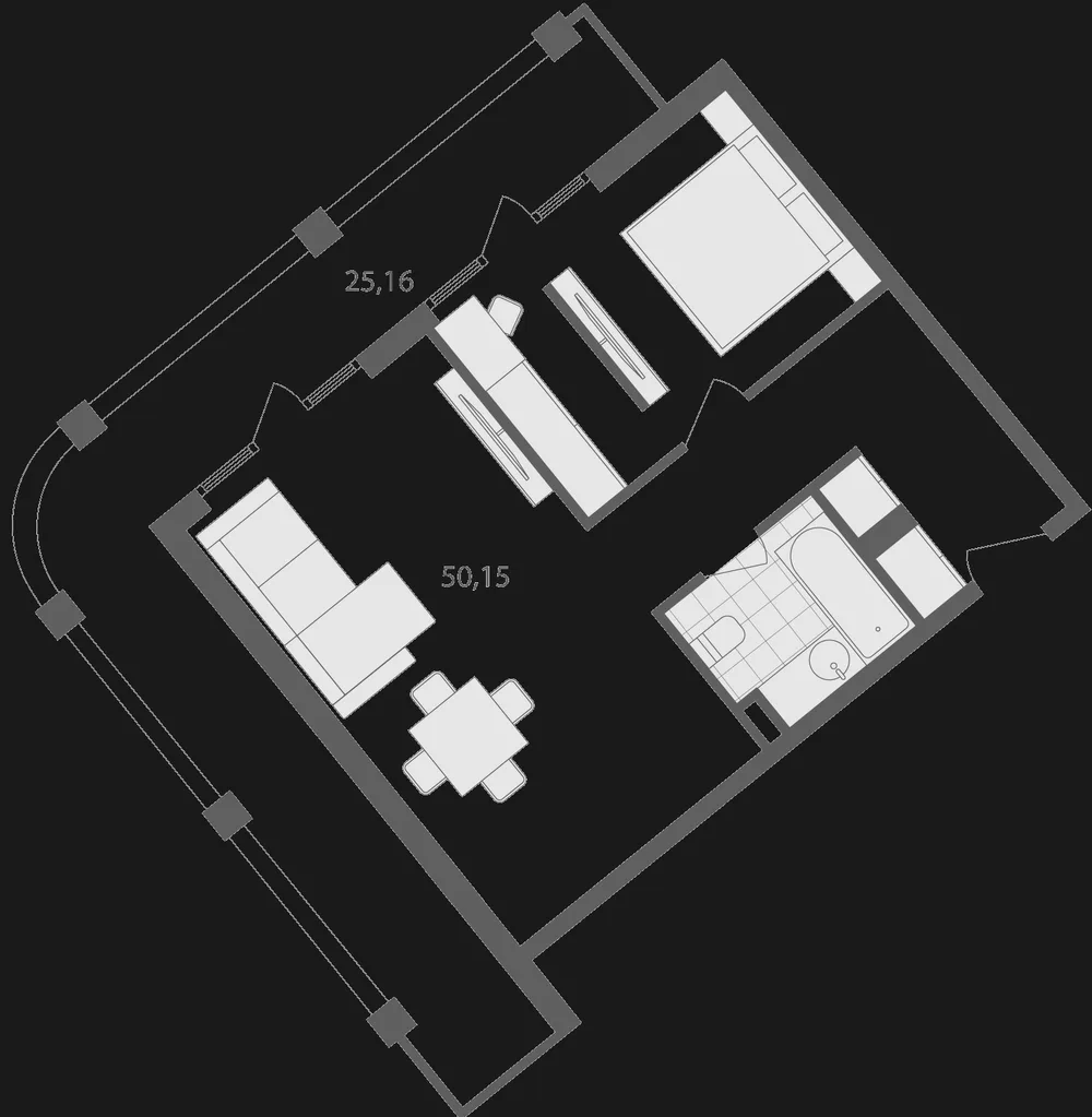 Планировка Grand Life: спальня и гостиная с длинной террасой, 50,15 м² внутри и терраса 25,16 м²