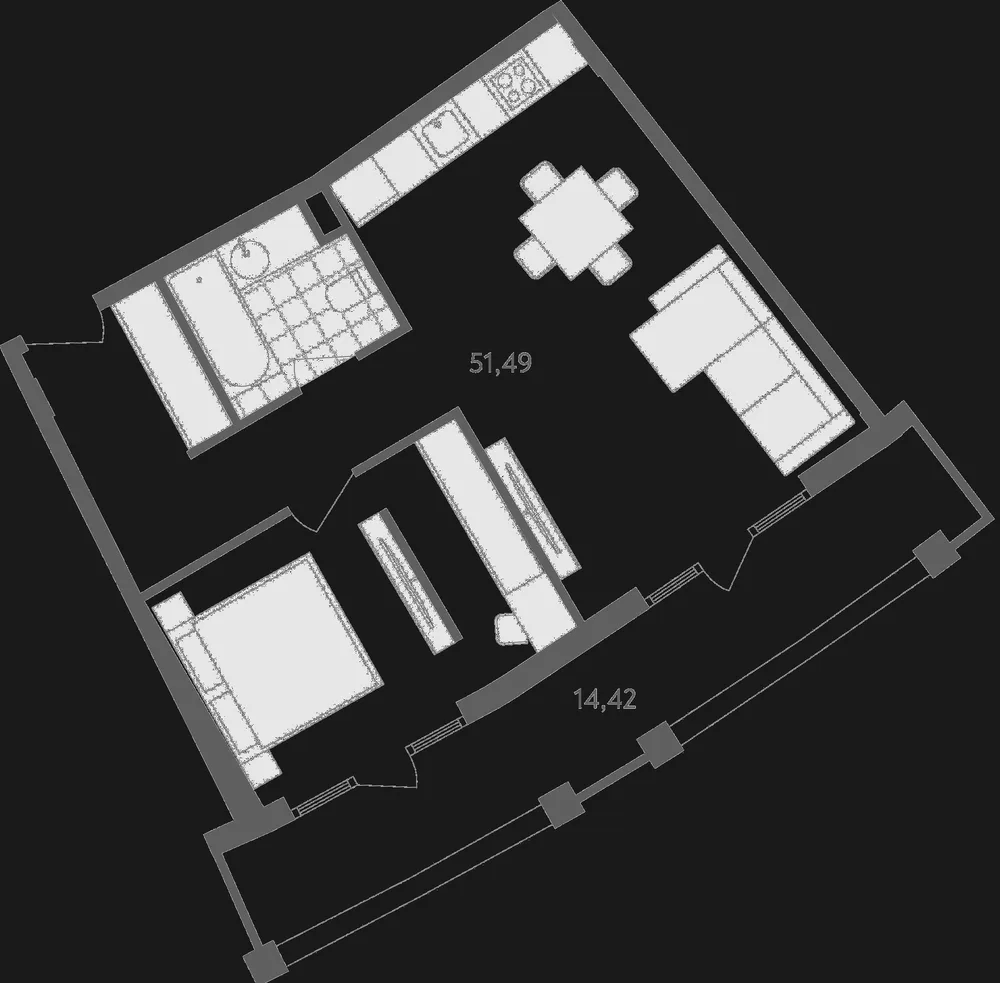 Планировка Grand Life: спальня и гостиная с кухонной зоной, 51,49 м² внутри и терраса 14,42 м²