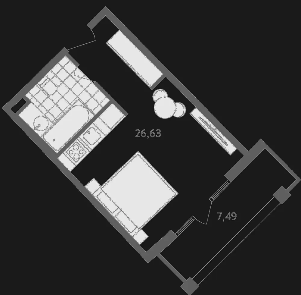 Планировка Grand Life: номер-студия, 26,63 м² внутри и балкон 7,49 м²