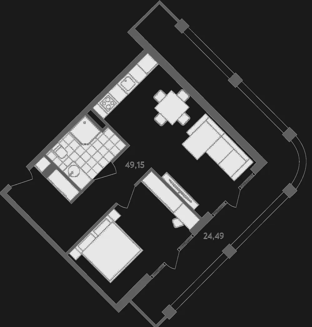 Планировка Grand Life: спальня и гостиная, 49,15 м² внутри и терраса 24,49 м²