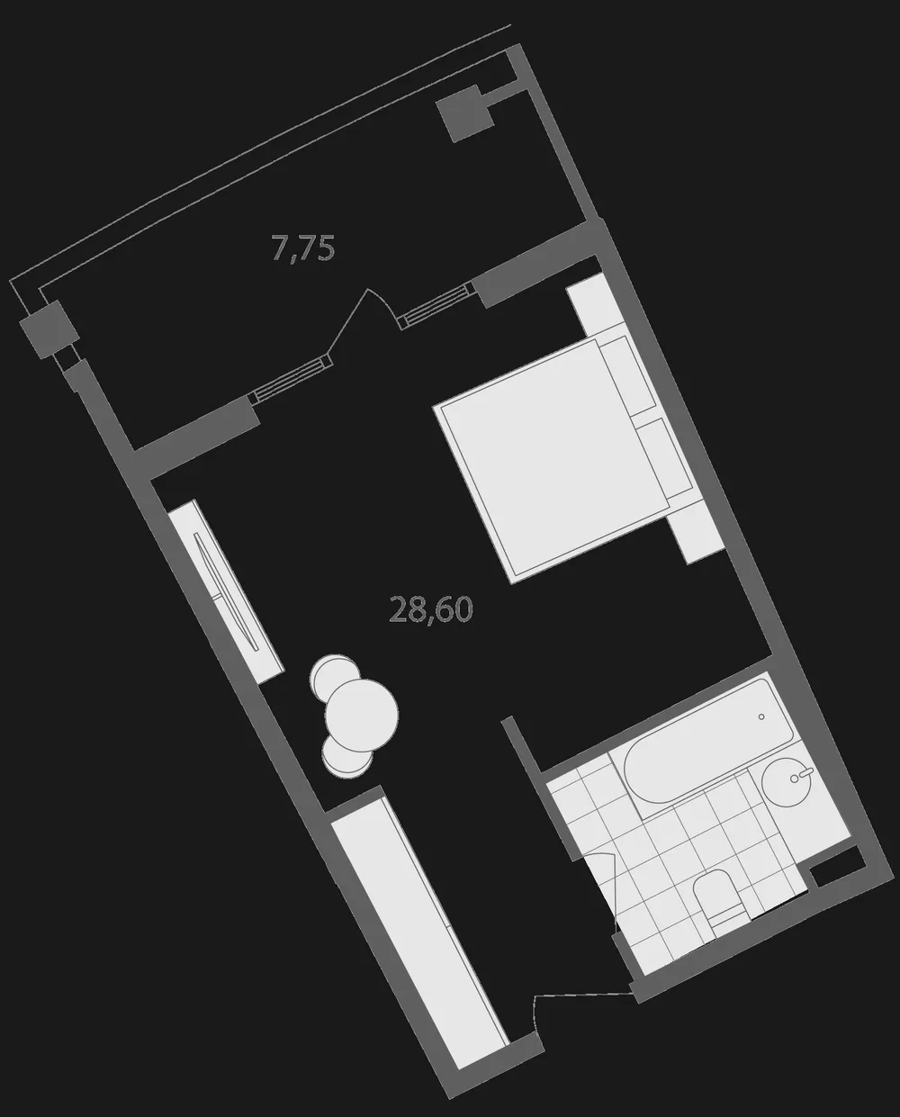 Планировка Grand Life: номер-студия с широким балконом, 28,60 м² внутри и балкон 7,75 м²