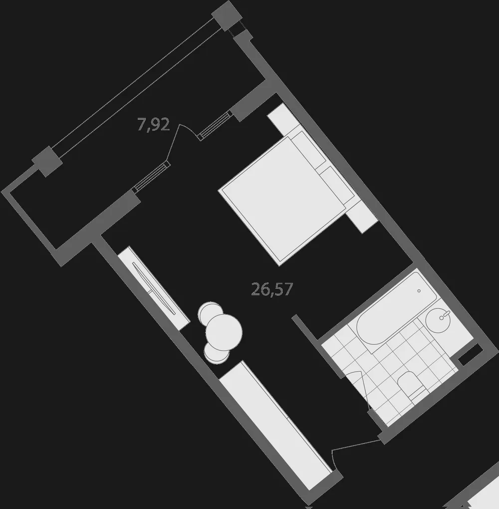 Планировка Grand Life: номер-студия, 26,57 м² внутри и балкон 7,92 м²