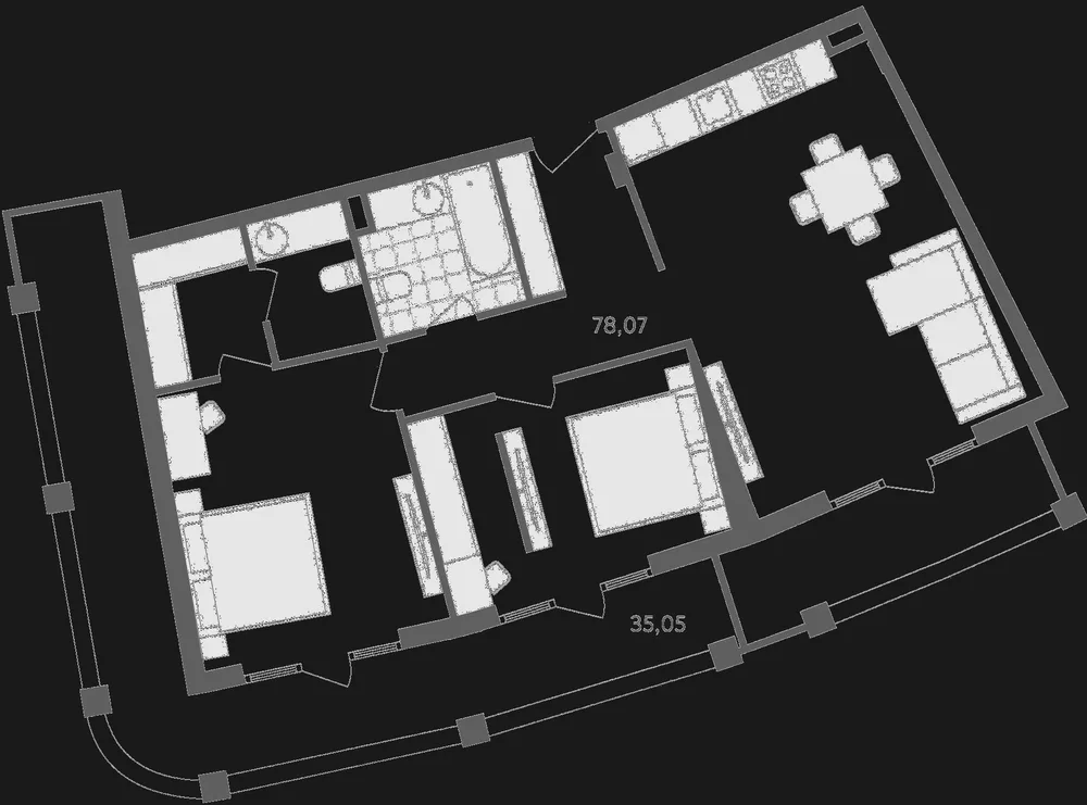 Планировка Grand Life: две спальни и гостиная, 78,07 м² внутри и терраса 35,05 м²