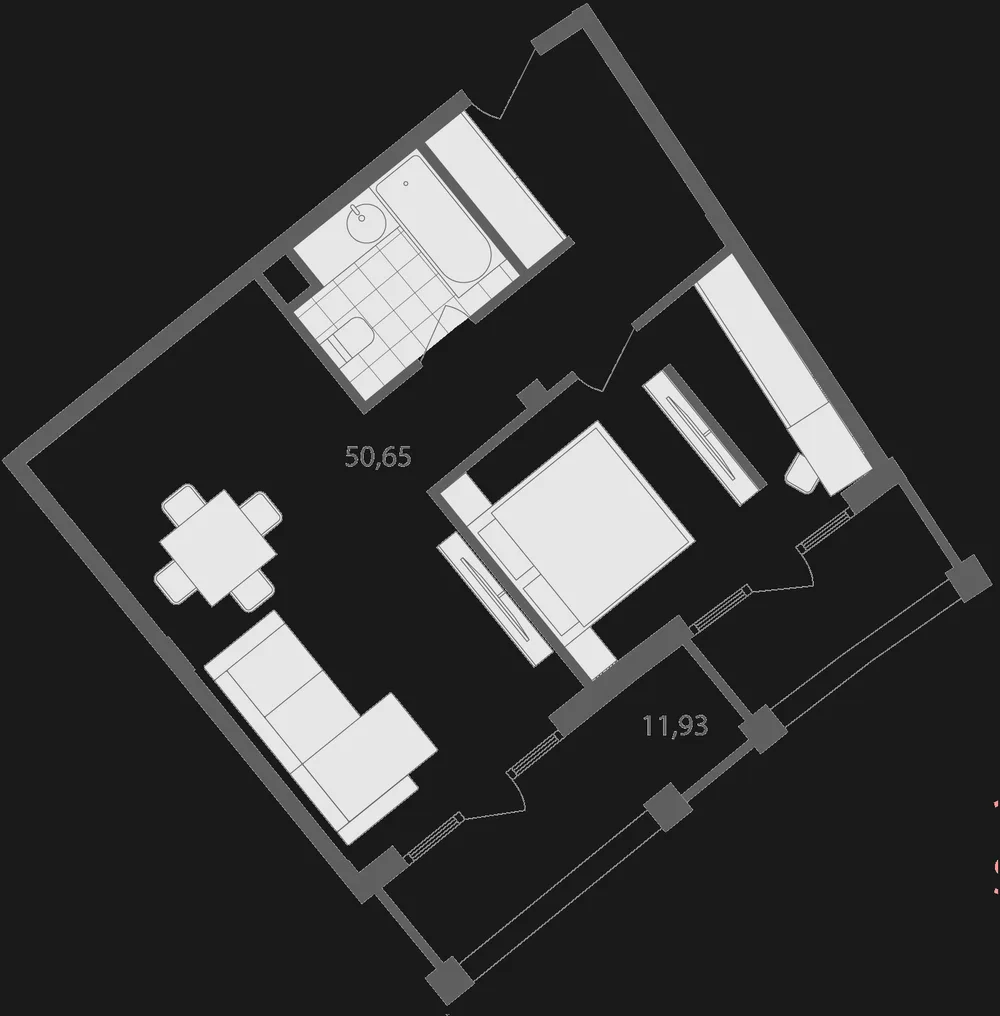 Планировка Grand Life: спальня и гостиная с обеденной зоной, 50,65 м² внутри и терраса 11,93 м²